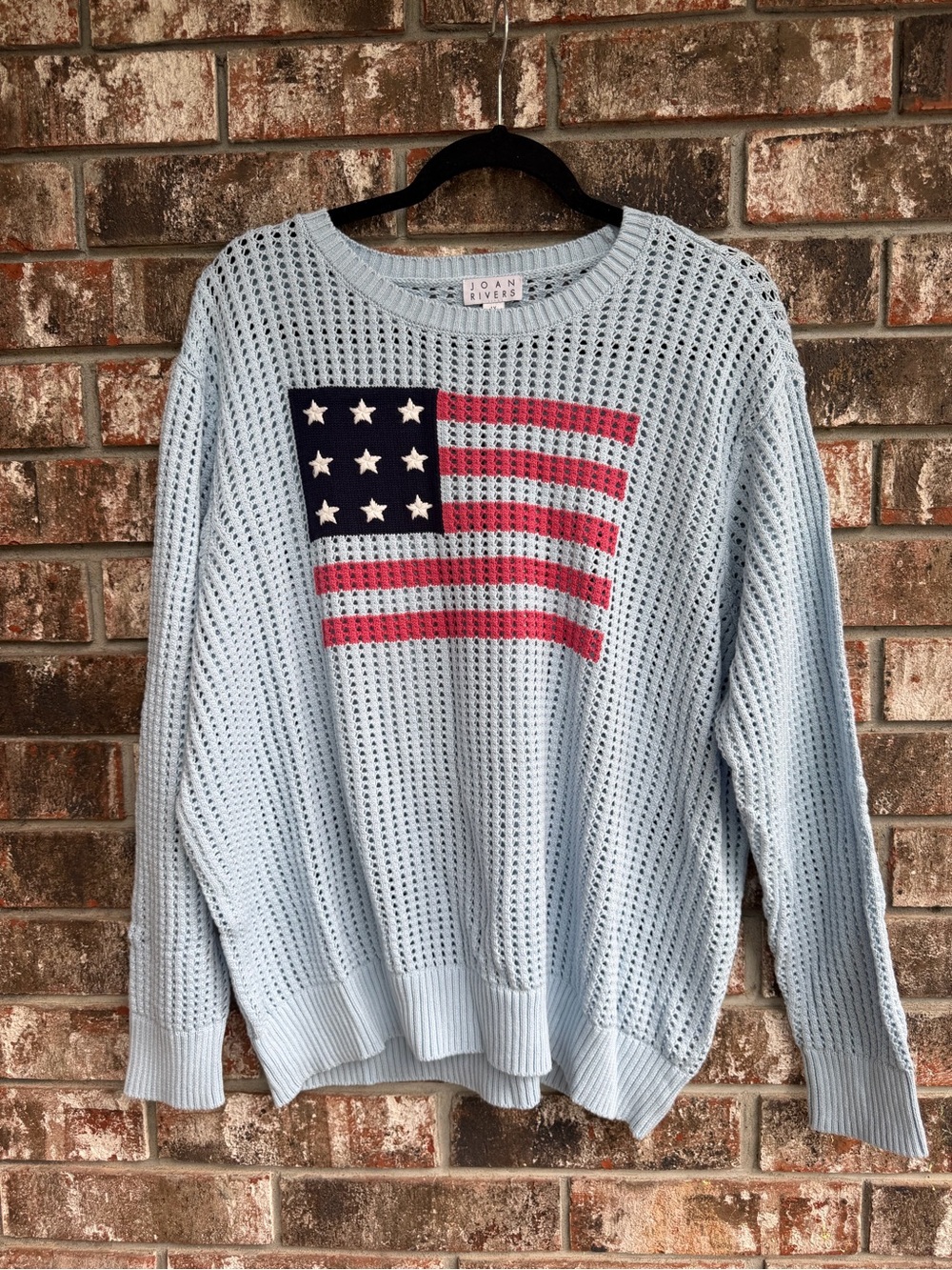 Joan Rivers Light Blue Open-Knit Sweater with Flag Motif